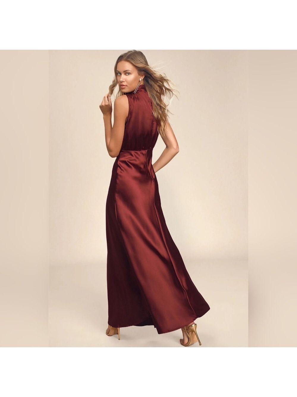 Lulus - Classic Elegance Wine Satin Maxi Dress - Picture 2 of 7
